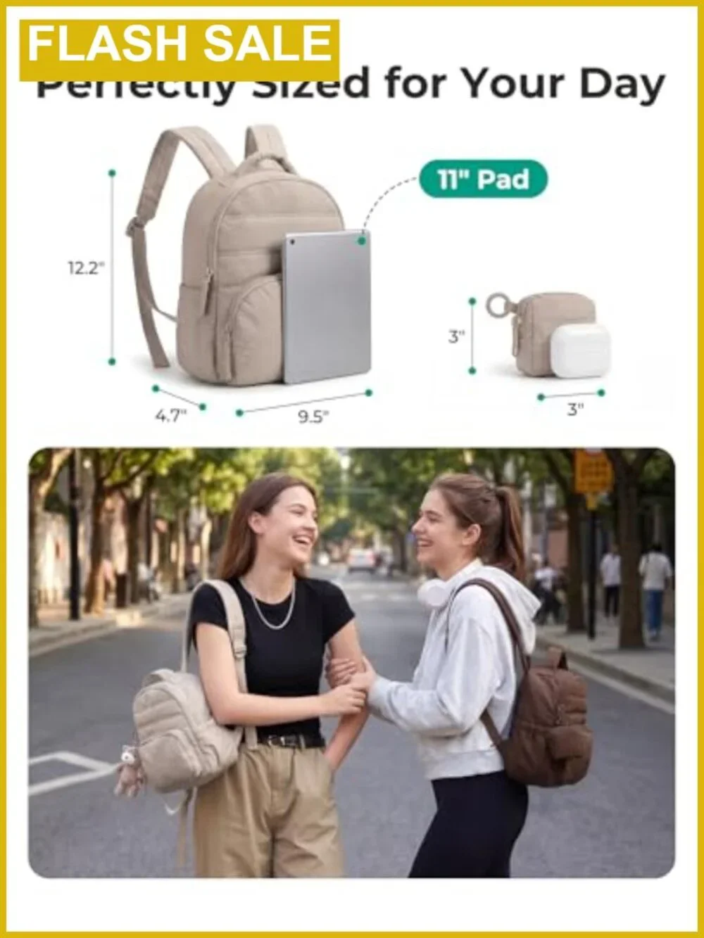 Mini Puffer Backpack with Detachable Pouch, Water Resistant, Padded Straps